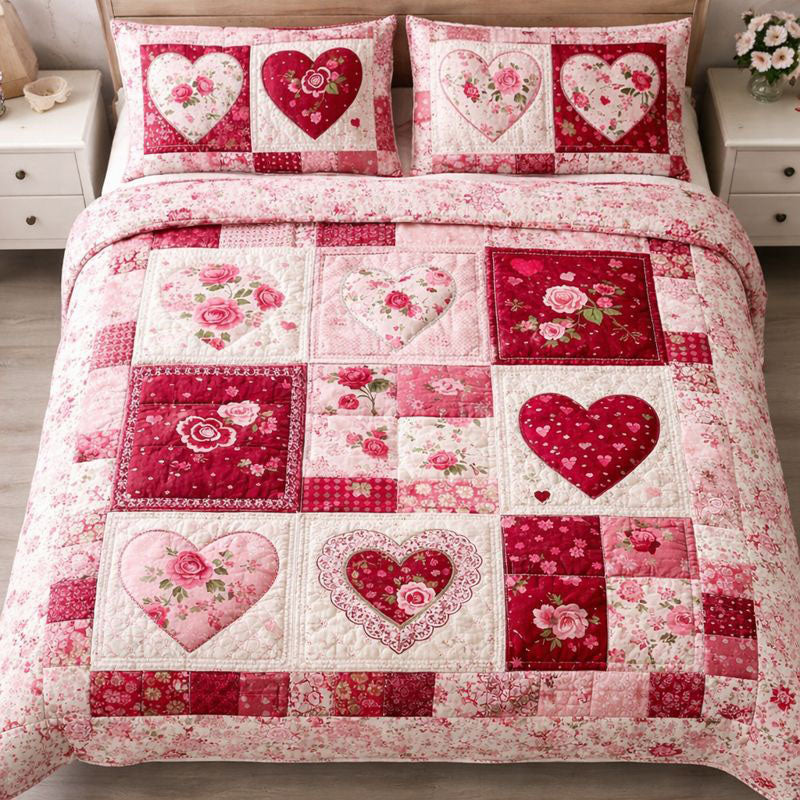 Loving Hearts 3 Piece Quilted Bedding Set Gift For Flower Lovers