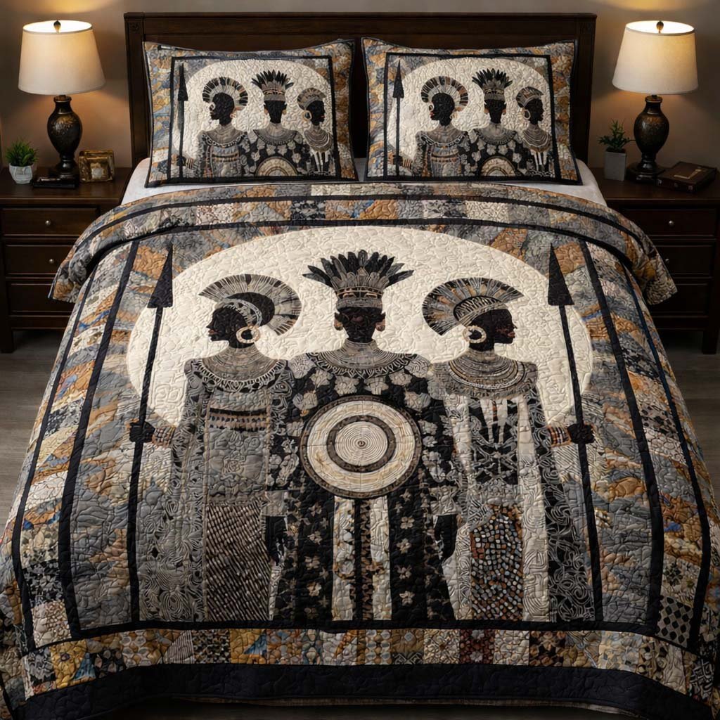 Tribal Moon Warriors 3 Piece Quilted Bedding Set Gift For African American Heritage Lovers