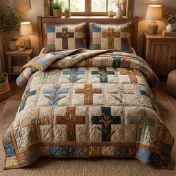 Egg Cross Christian 3 Piece Quilted Bedding Set Gift For Christians