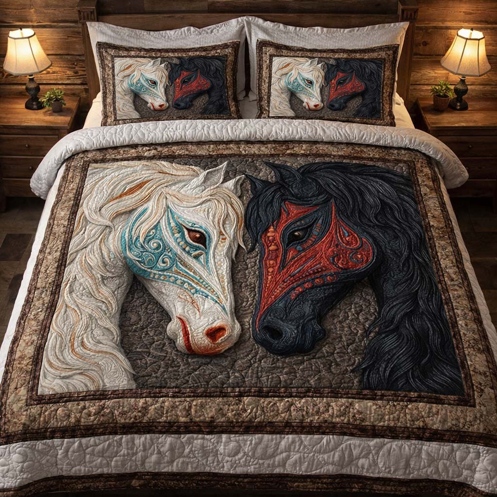 Twin Soul Horses 3 Piece Quilted Bedding Set Gift For Horse Lovers