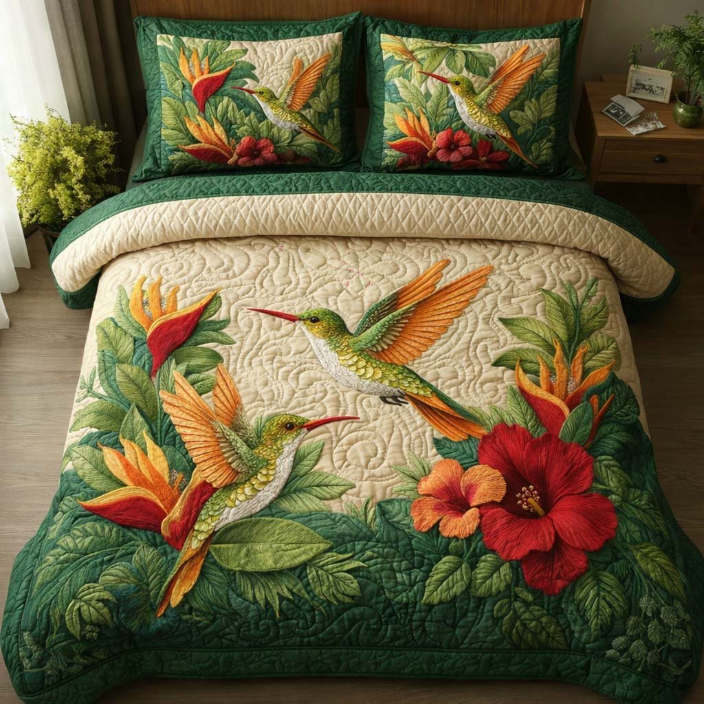 Emerald Hibiscus Hummingbird 3 Piece Quilted Bedding Set Gift For Bird Lovers