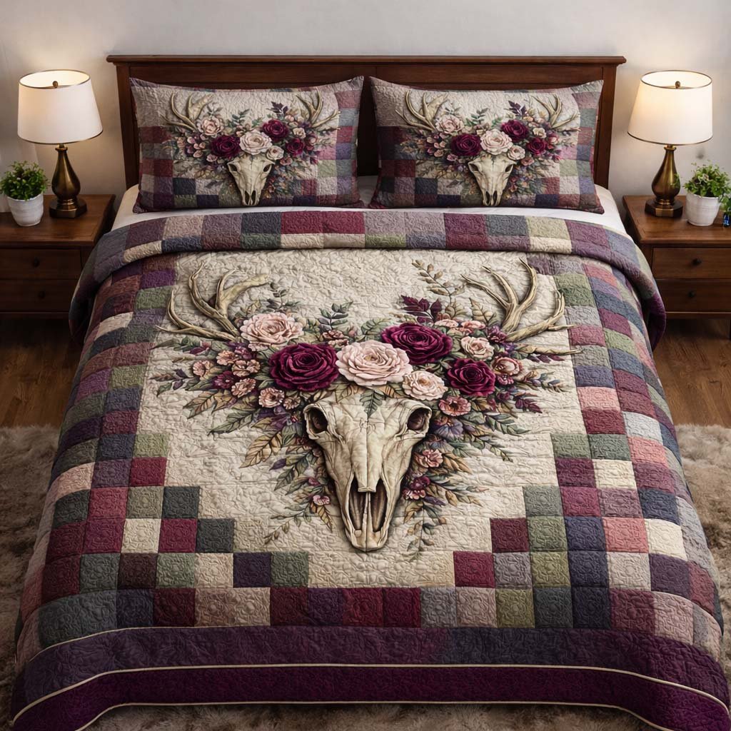 Nature Antlers 3 Piece Quilted Bedding Set Gift For Nature Lovers