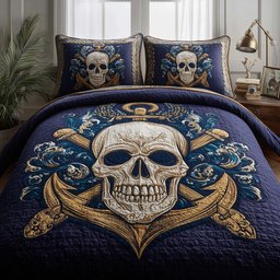 Sea Bone Skull 3 Piece Quilted Bedding Set Gift For Gothic Decor Lovers
