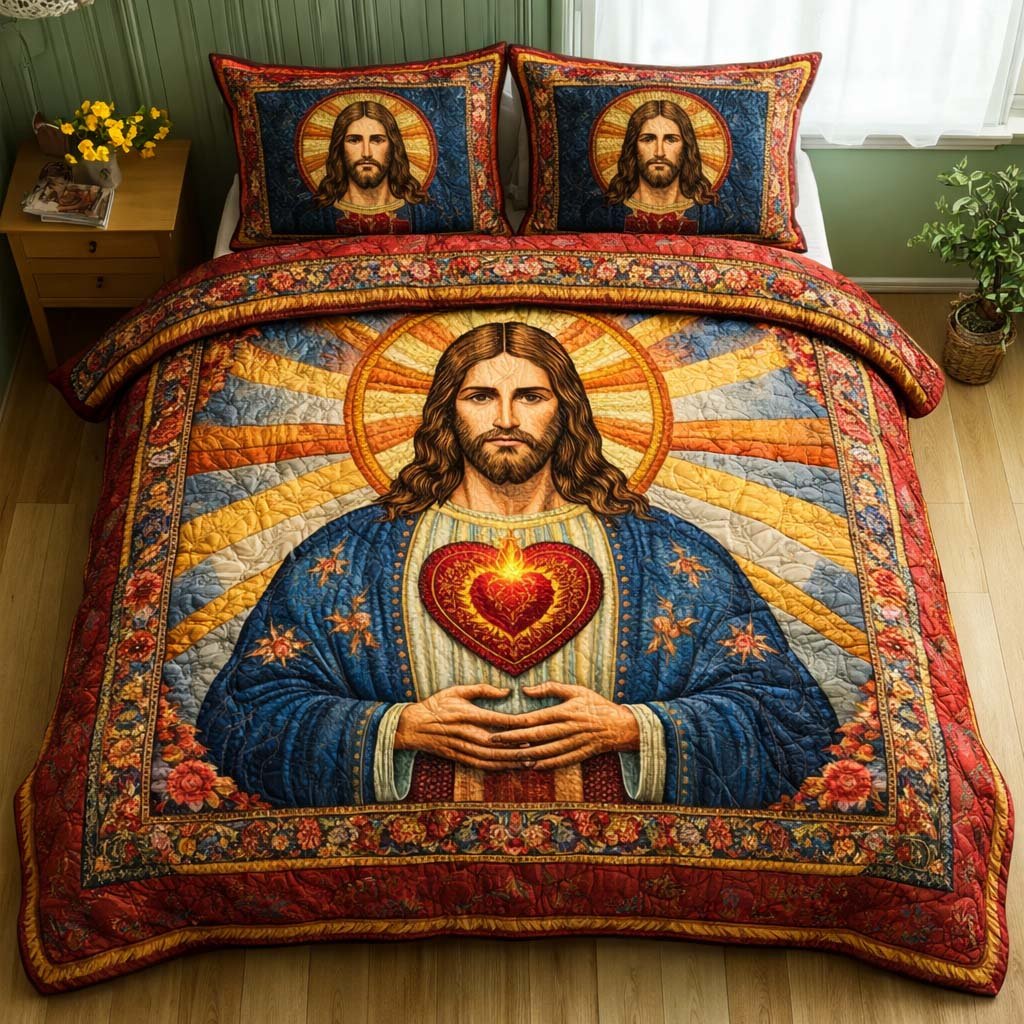 Sacred Heart Christian 3 Piece Quilted Bedding Set Gift For Christians