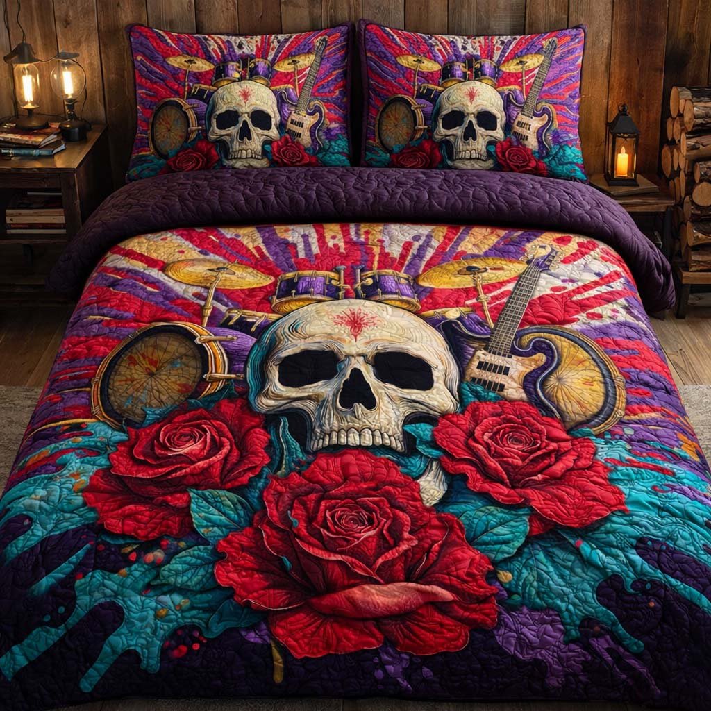 Rock Bloom 3 Piece Quilted Bedding Set Gift For Gothic Decor Lovers