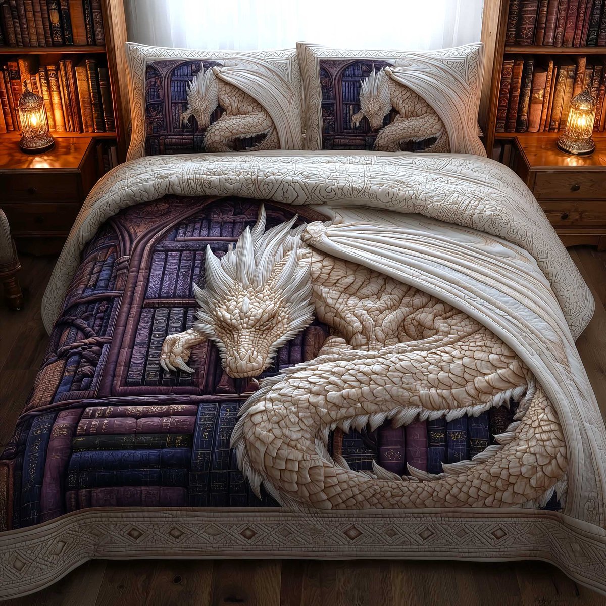 Bookbound Dragon 3 Piece Quilted Bedding Set Gift For Fantasy Lovers