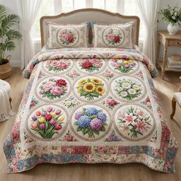 Floral Serenity 3 Piece Quilted Bedding Set Gift For Flower Lovers