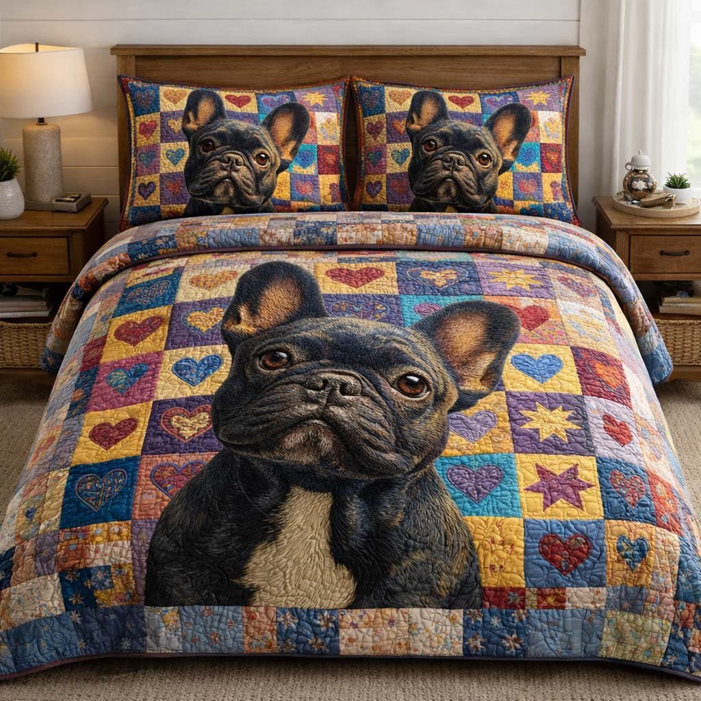 French Bulldog 3 Piece Quilted Bedding Set Gift For Dog Lovers
