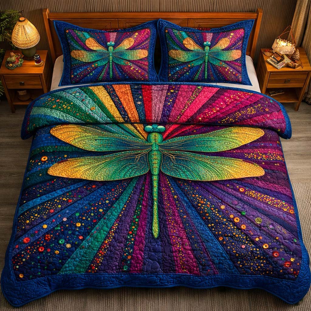 Cosmic Dragonfly 3 Piece Quilted Bedding Set Gift For Butterfly Lovers