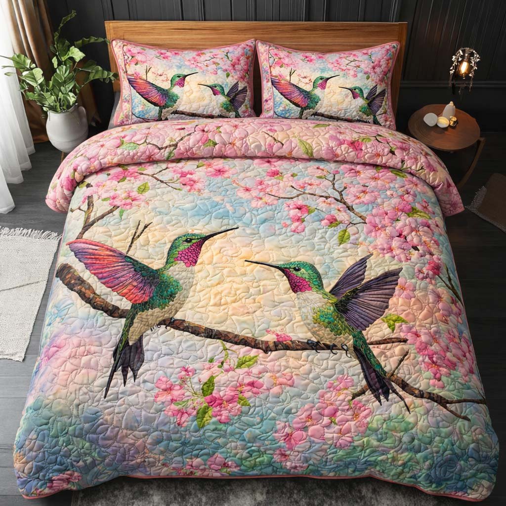 Blossom Flight Hummingbird 3 Piece Quilted Bedding Set Gift For Flower Lovers