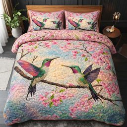 Blossom Flight Hummingbird 3 Piece Quilted Bedding Set Gift For Flower Lovers