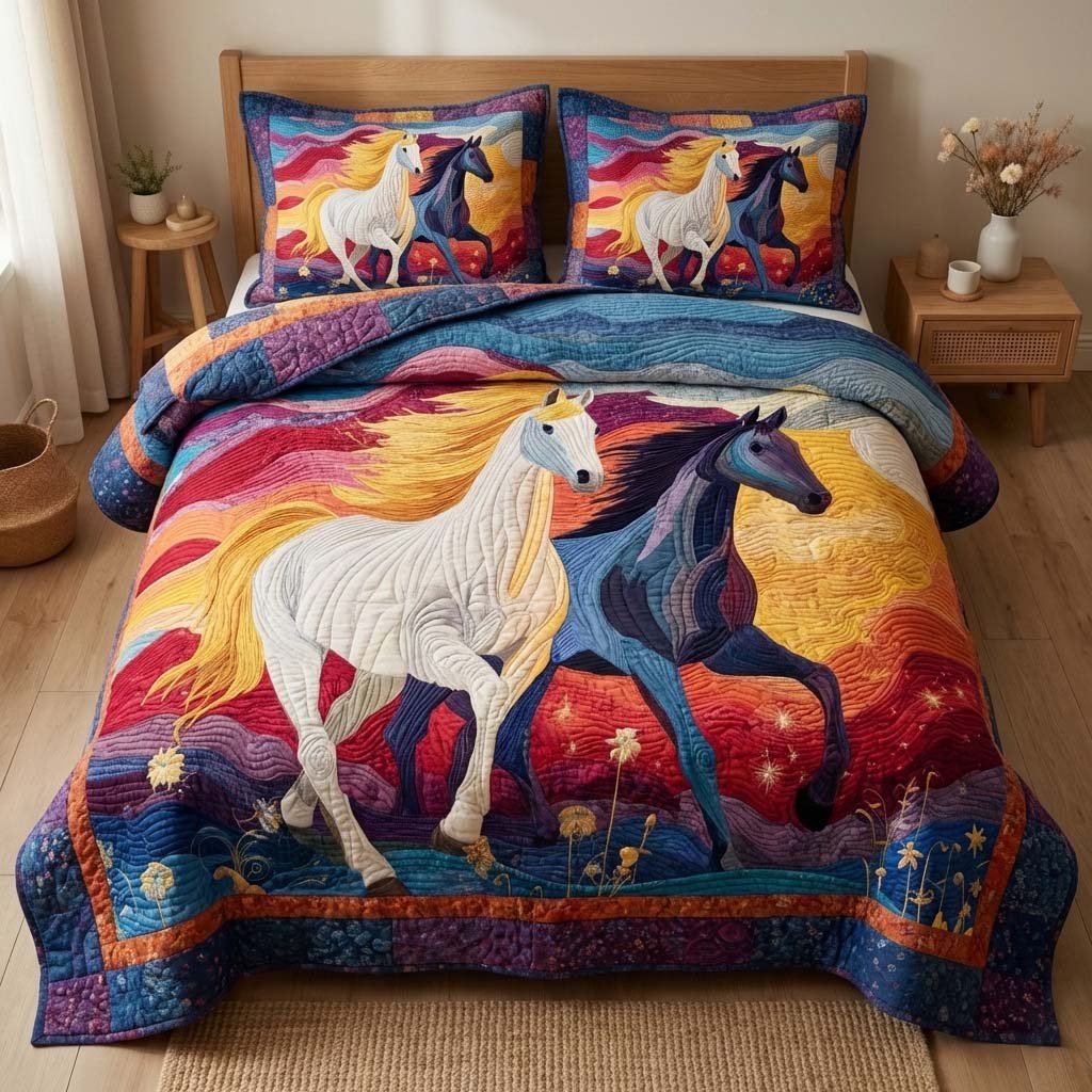 Sunset Gallop Horse 3 Piece Quilted Bedding Set Gift For Nature Lovers