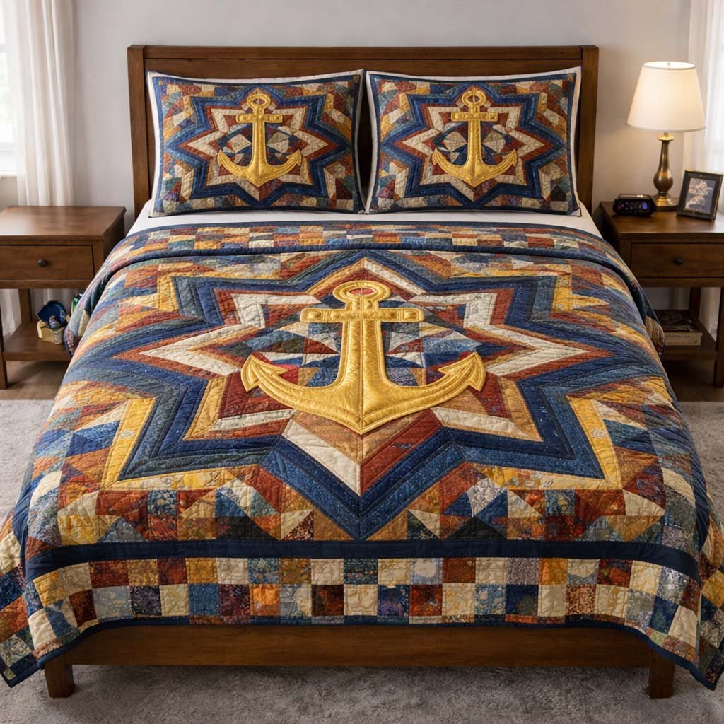 Coastal Anchor Nautical 3 Piece Quilted Bedding Set Gift For Beach Lovers
