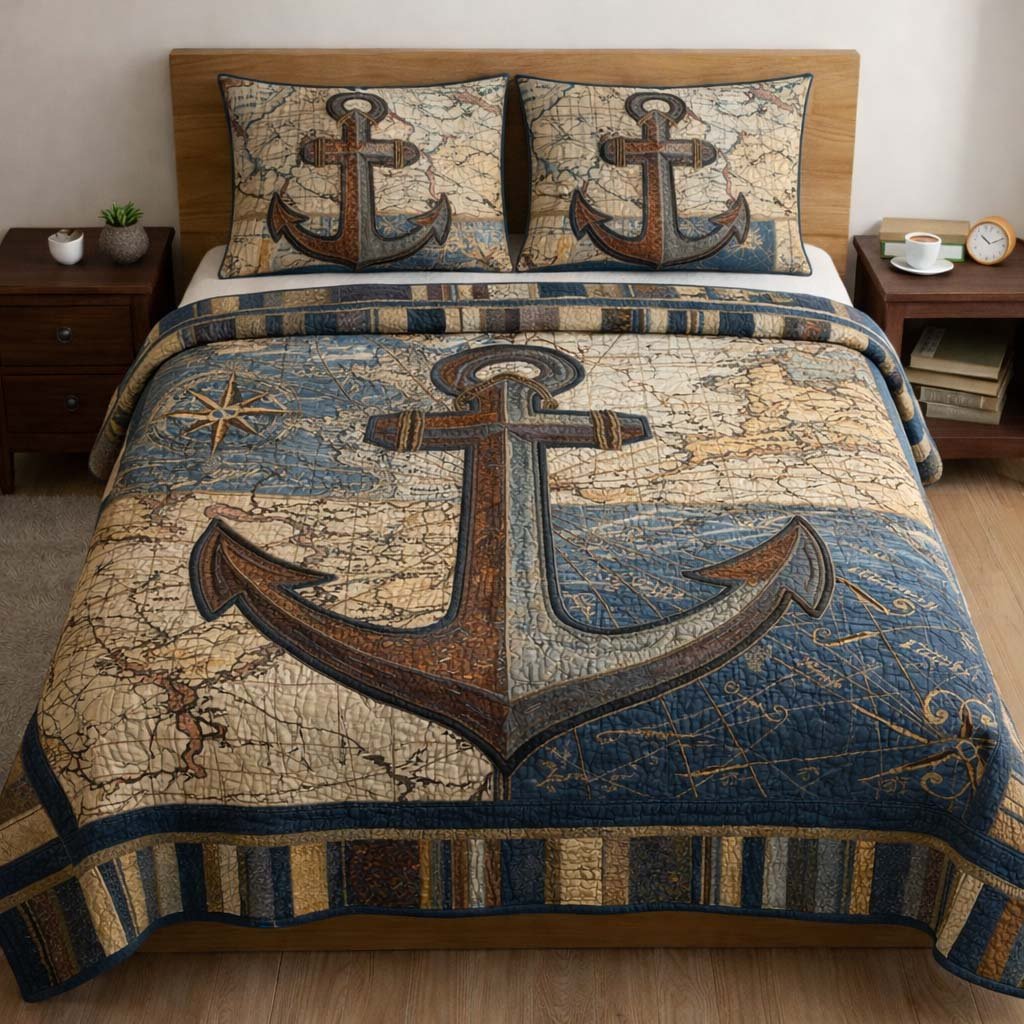 Ocean Anchor Nautical 3 Piece Quilted Bedding Set Gift For Beach Lovers