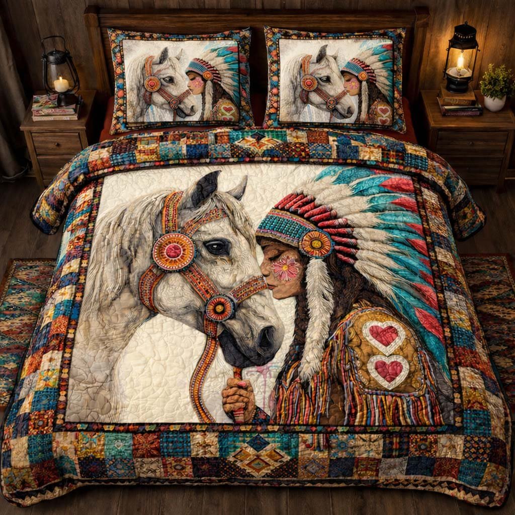 Native Heart Horse 3 Piece Quilted Bedding Set Gift For Horse Lovers