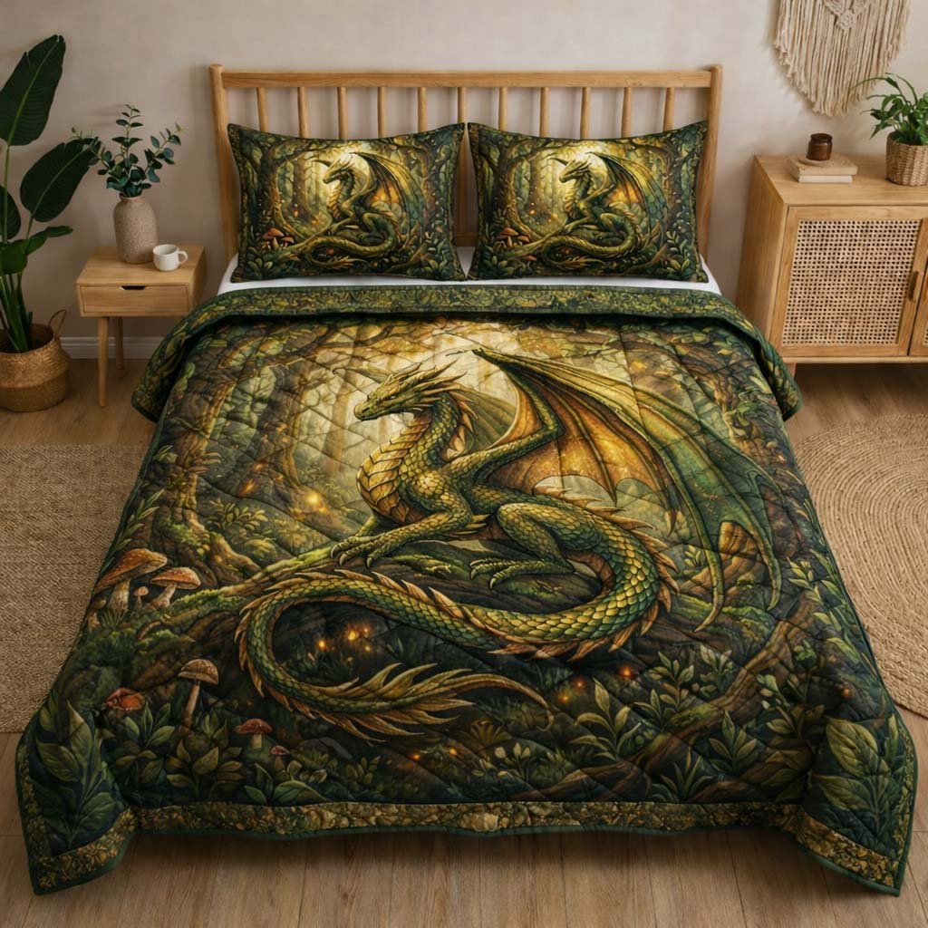 Majestic Dragon 3 Piece Quilted Bedding Set Gift For Fantasy Lovers