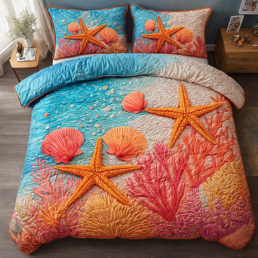 Coral Star Beach 3 Piece Quilted Bedding Set Gift For Beach Lovers