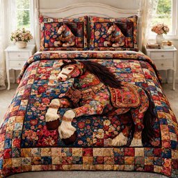 Floral Horse 3 Piece Quilted Bedding Set Gift For Horse Lovers