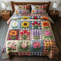 Flowers Patchwork 3 Piece Quilted Bedding Set Gift For Flower Lovers