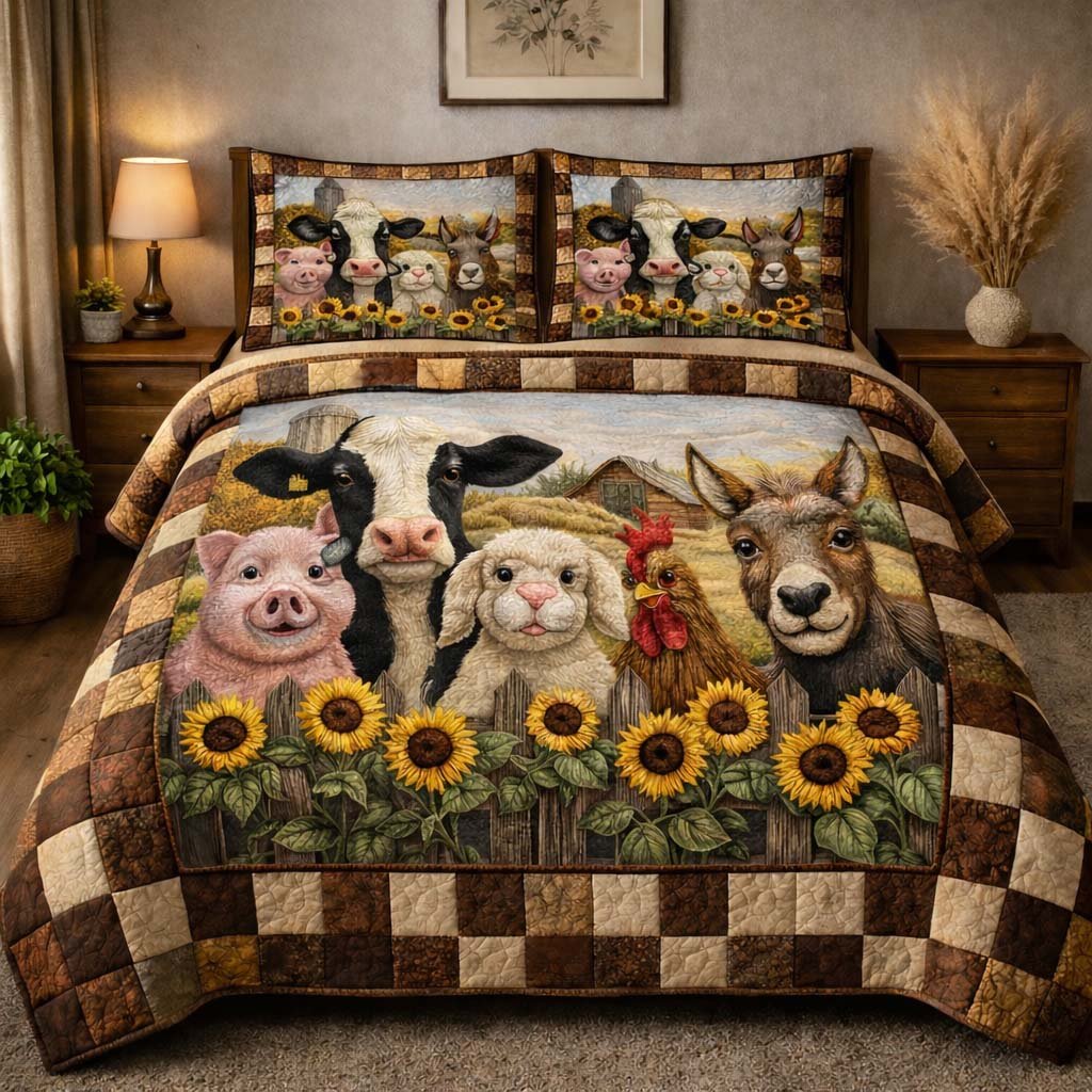Sunflower Farm Family 3 Piece Quilted Bedding Set Gift For Flower Lovers