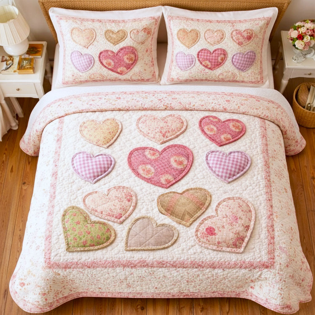 Loving Hearts 3 Piece Quilted Bedding Set Gift For Flower Lovers
