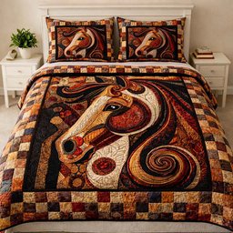Ornate Patchwork Horse 3 Piece Quilted Bedding Set Gift For Horse Lovers