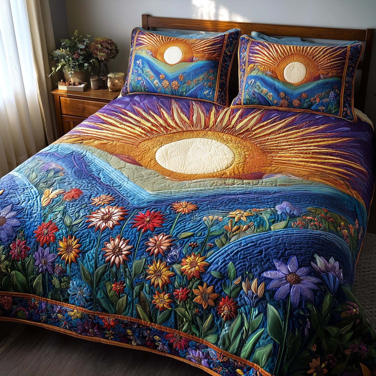 Flower Drift 3 Piece Quilted Bedding Set Gift For Flower Lovers