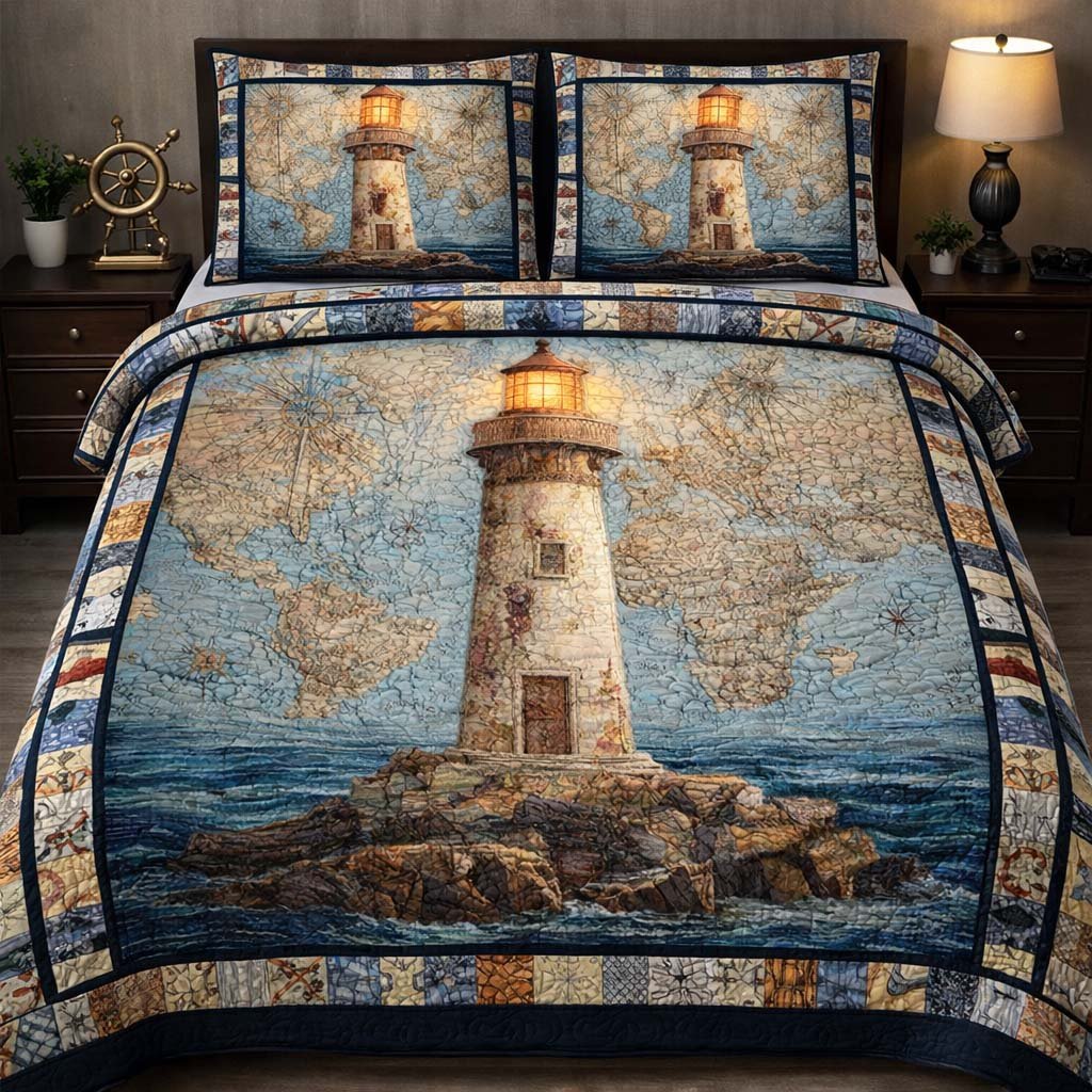 Beacon of Seas Beach 3 Piece Quilted Bedding Set Gift For Beach Lovers