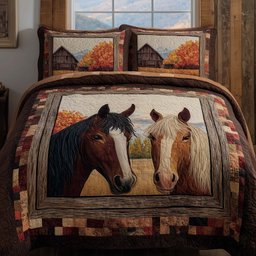 Golden Farm Horses 3 Piece Quilted Bedding Set Gift For Horse Lovers