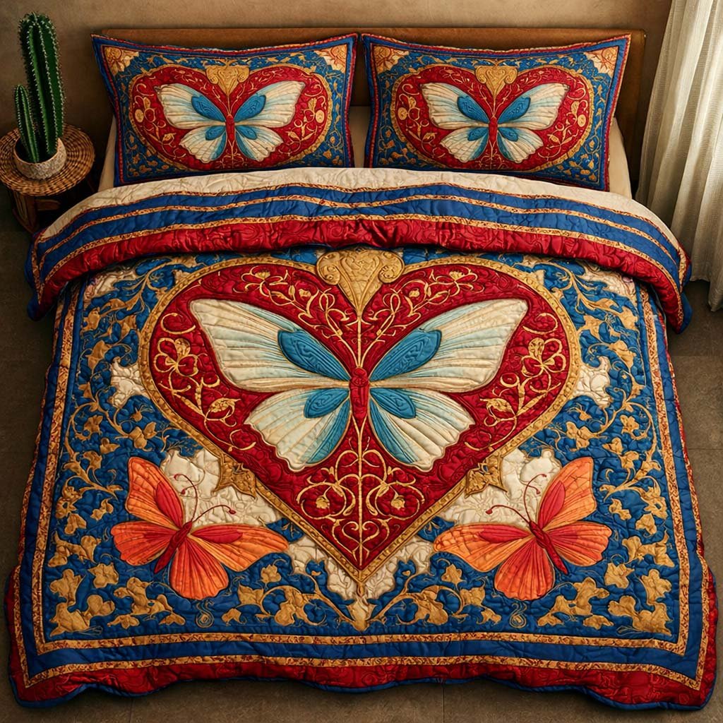 Heart Butterfly 3 Piece Quilted Bedding Set Gift For Butterfly Lovers
