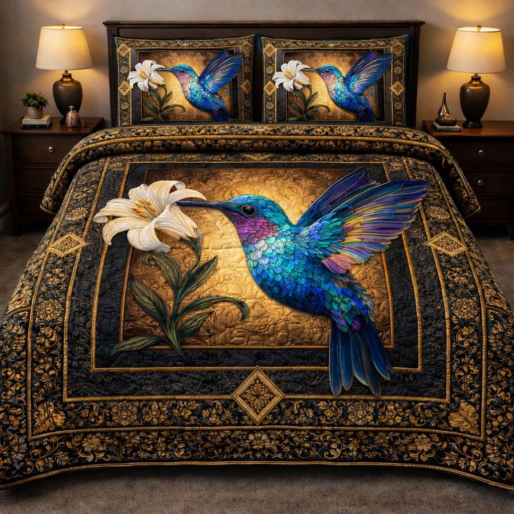 Hummingbird Heaven 3 Piece Quilted Bedding Set Gift For Bird Lovers