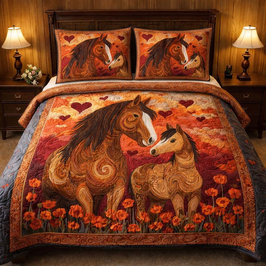 Autumn Heart Horses 3 Piece Quilted Bedding Set Gift For Horse Lovers