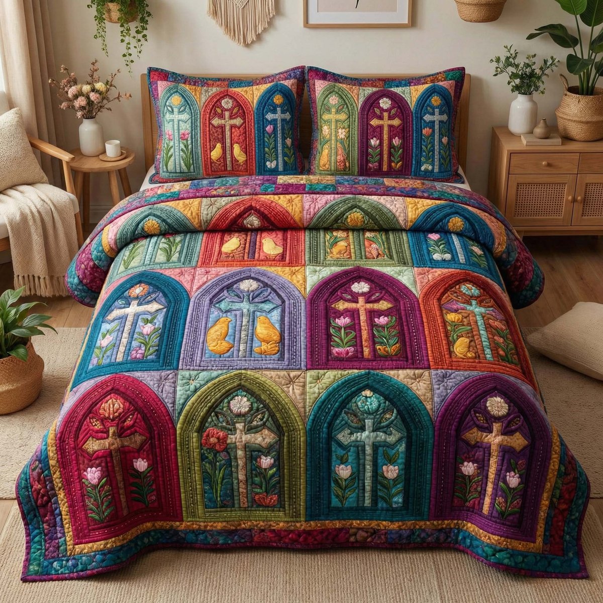 Cathedral Cross 3 Piece Quilted Bedding Set Gift For Christians