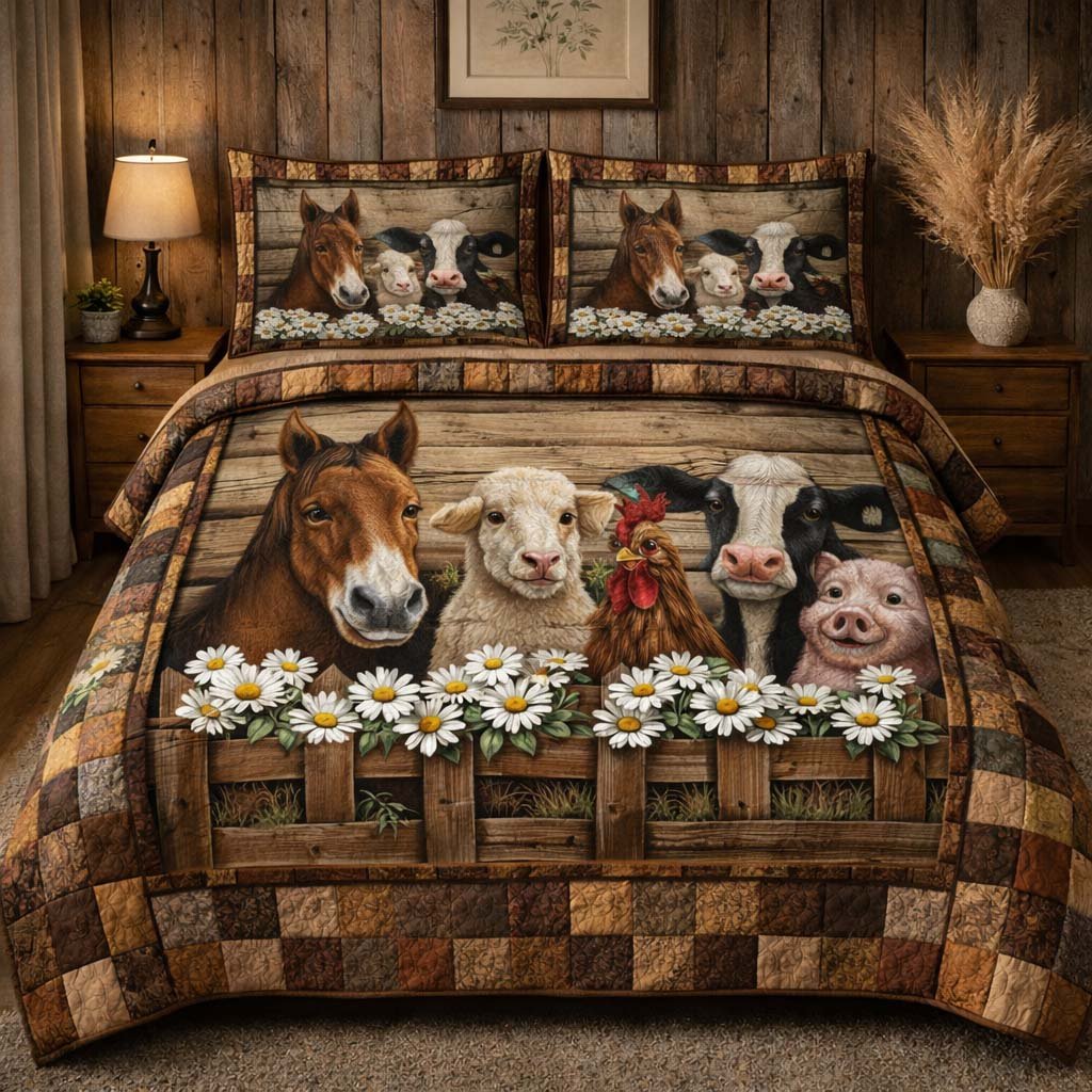 Country Meadow Friends Cow 3 Piece Quilted Bedding Set Gift For Cow Lovers