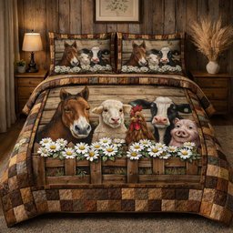Country Meadow Friends Cow 3 Piece Quilted Bedding Set Gift For Cow Lovers