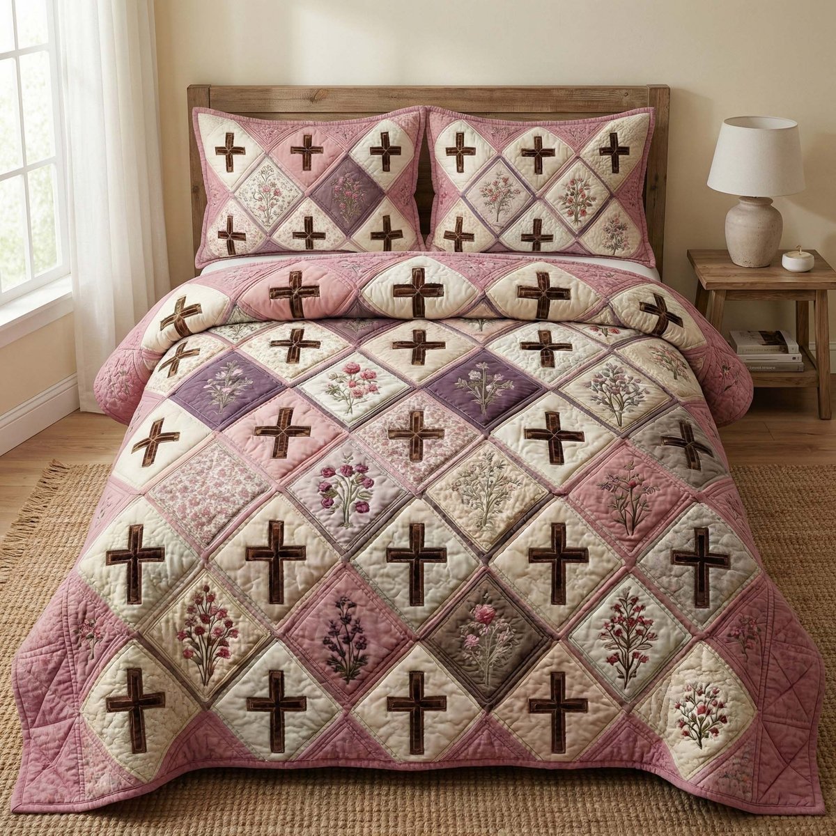 Blossom Cross 3 Piece Quilted Bedding Set Gift For Christians
