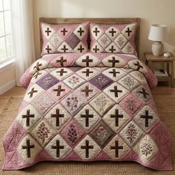 Blossom Cross 3 Piece Quilted Bedding Set Gift For Christians