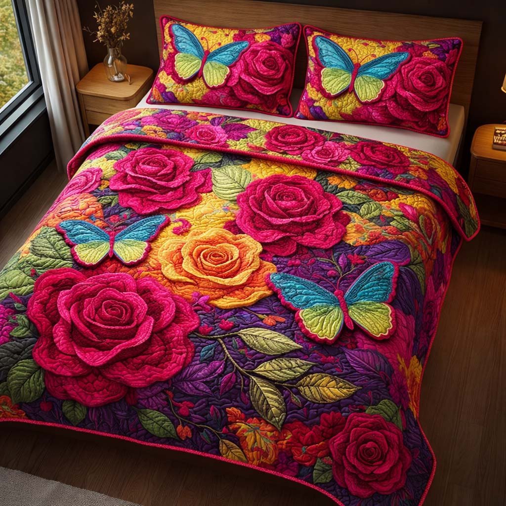 Butterfly Roses 3 Piece Quilted Bedding Set Gift For Butterfly Lovers