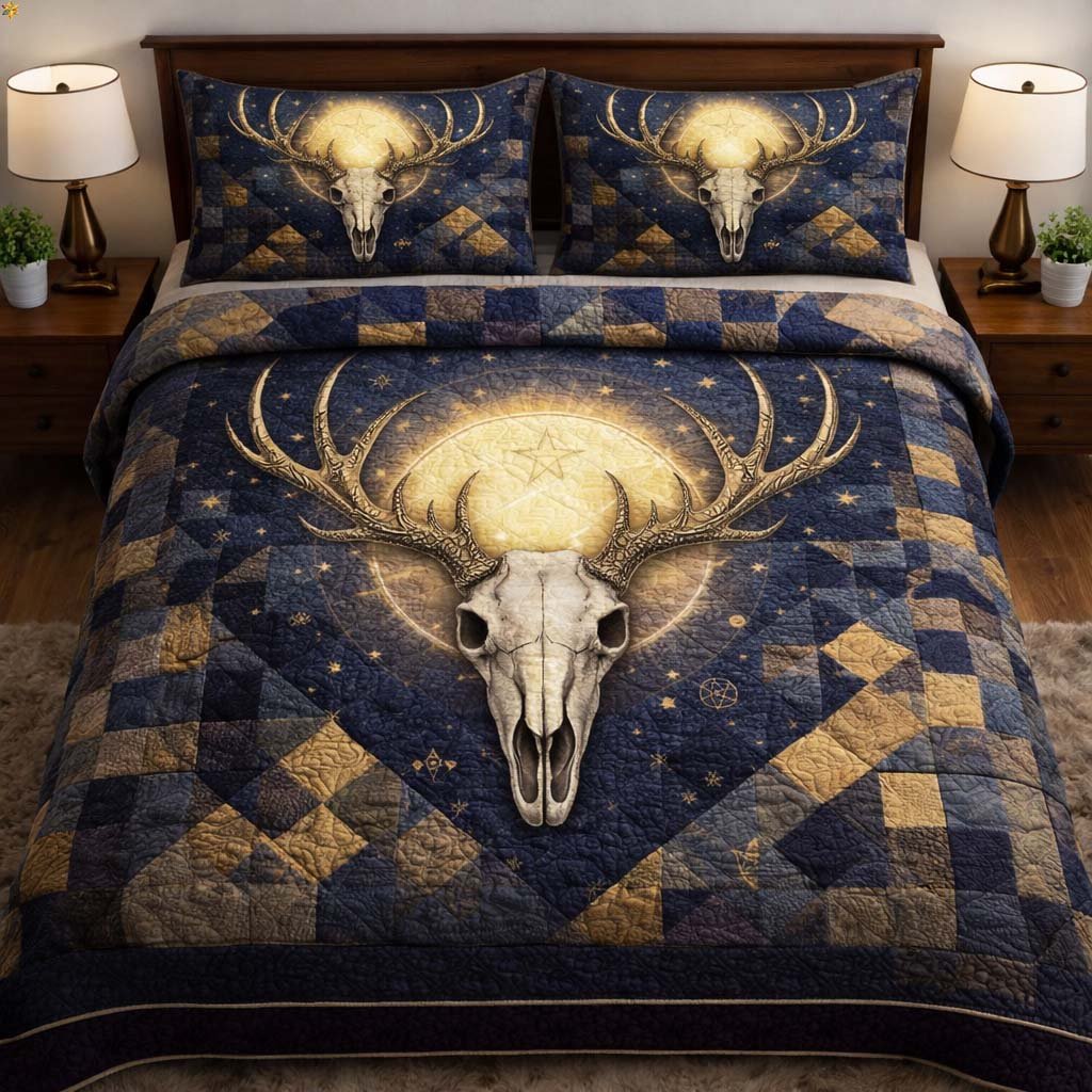 Nature Antlers 3 Piece Quilted Bedding Set Gift For Nature Lovers