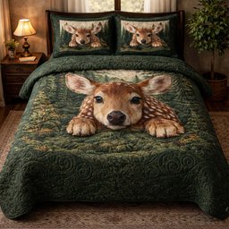 Forest Fawn Deer 3 Piece Quilted Bedding Set Gift For Nature Lovers