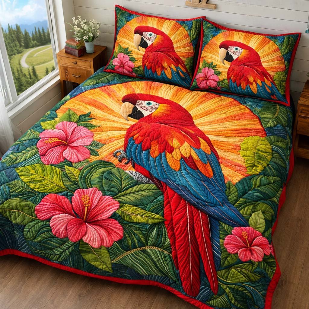 Sunburst Macaw 3 Piece Quilted Bedding Set Gift For Home Decor Lovers