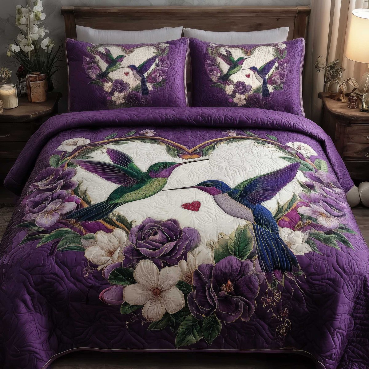 Hummingbird Love 3 Piece Quilted Bedding Set Gift For Bird Lovers