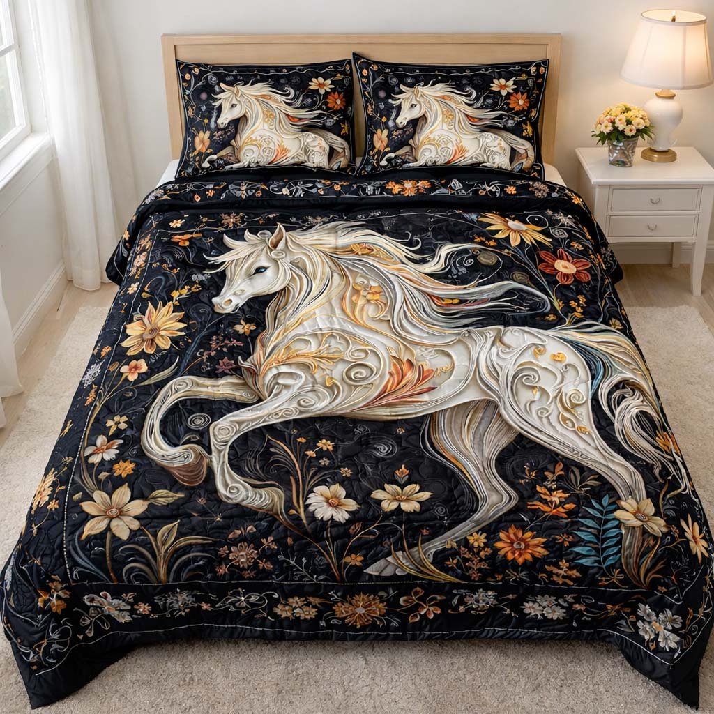 Floral Unicorn 3 Piece Quilted Bedding Set Gift For Flower Lovers