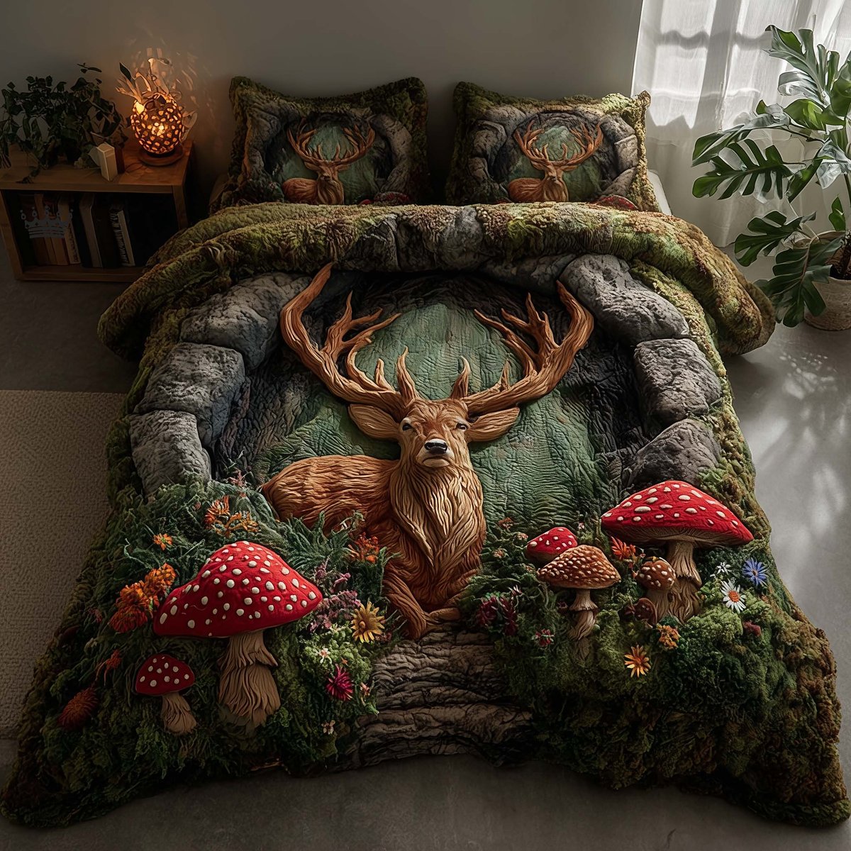 Silent Stag Deer 3 Piece Quilted Bedding Set Gift For Hunters