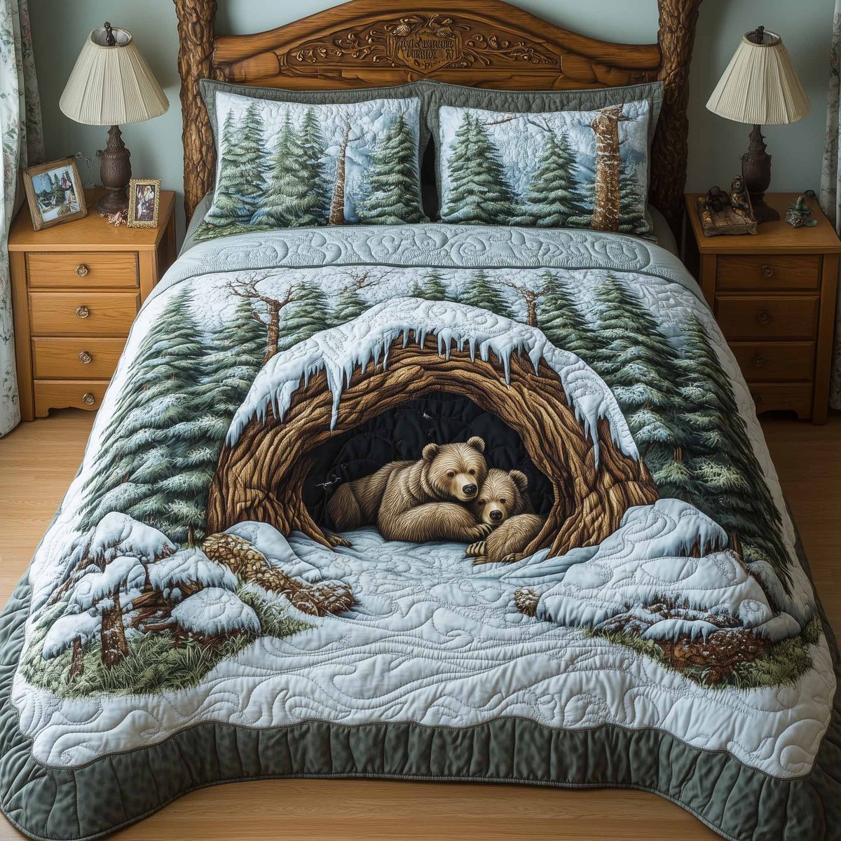 Mountain Love Bear 3 Piece Quilted Bedding Set Gift For Nature Lovers