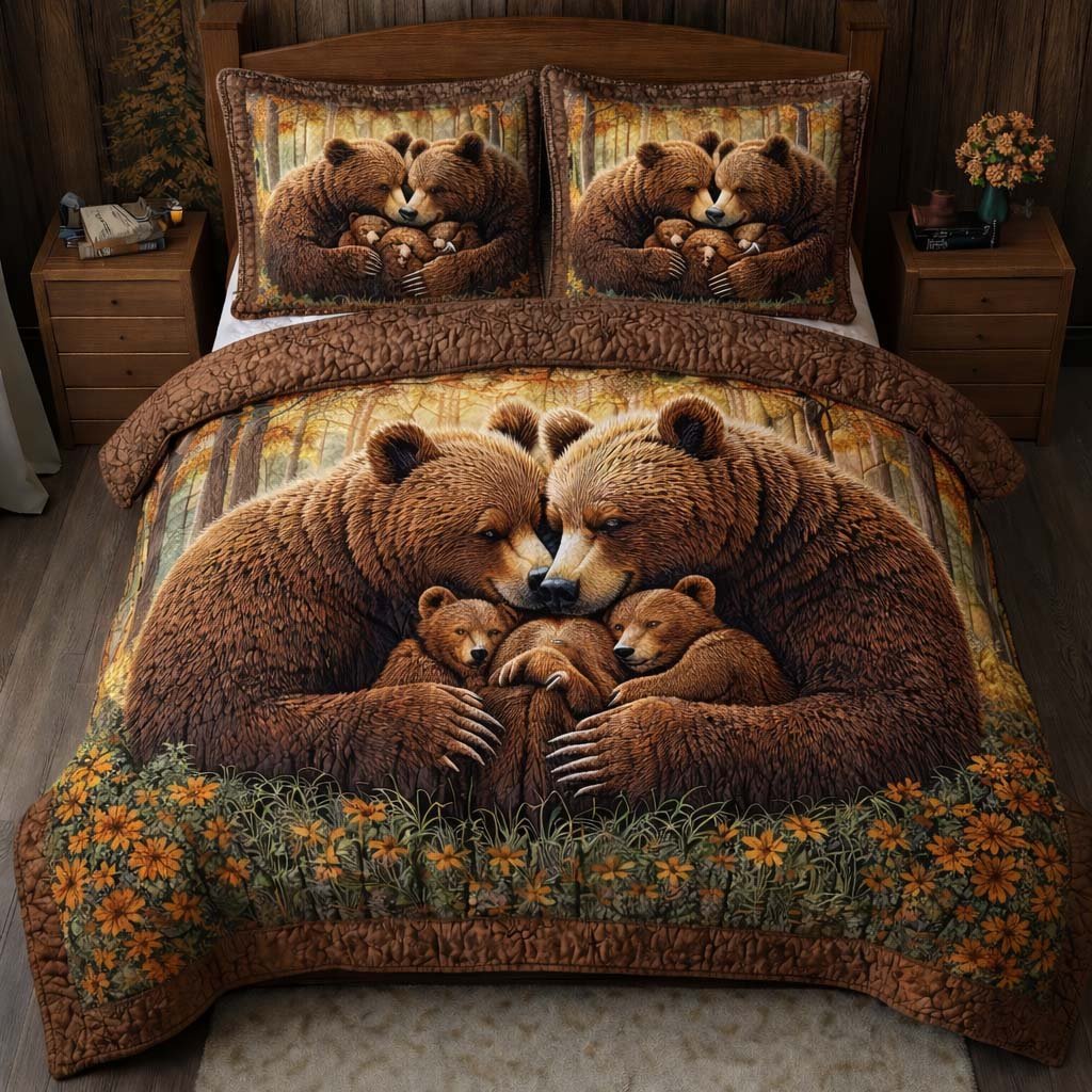 Golden Slumber Bear 3 Piece Quilted Bedding Set Gift For Bear Lovers