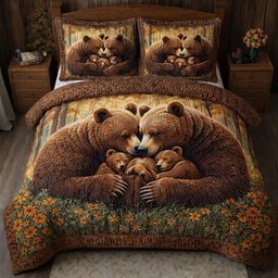 Golden Slumber Bear 3 Piece Quilted Bedding Set Gift For Bear Lovers