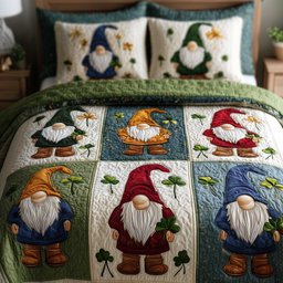 Shamrock Gnome 3 Piece Quilted Bedding Set Gift For Holiday Decor Lovers