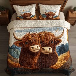 Highland Hearts Highland Cow 3 Piece Quilted Bedding Set Gift For Cow Lovers