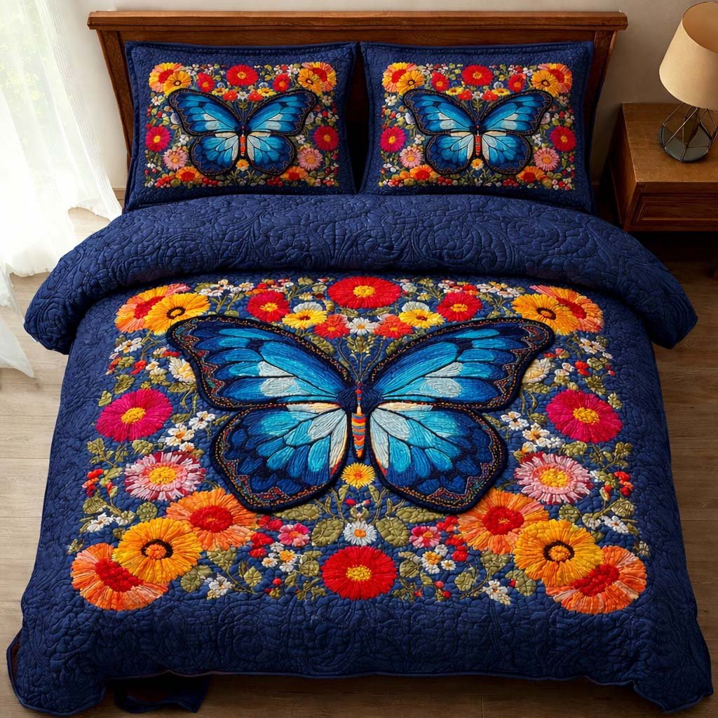 Blue Blossom Butterfly 3 Piece Quilted Bedding Set Gift For Flower Lovers